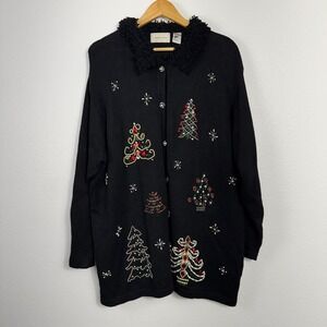 VTG 90s Lemon Grass Black Christmas Tree Beaded Cardigan Novelty Sweater Sz‎ 2X